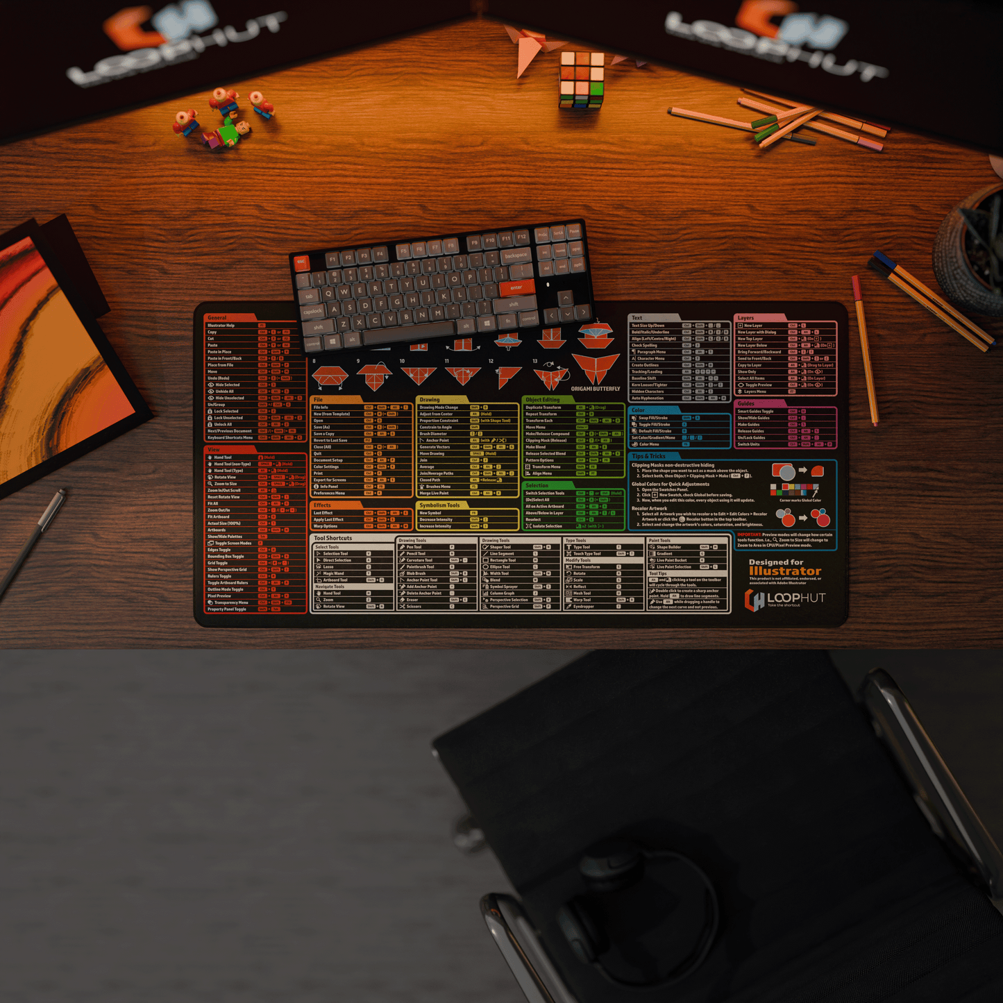 Illustrator Shortcuts Mousepad in a stylish creative office environment – perfect desk mat for graphic designers, illustrators, and Adobe Creative Cloud professionals
