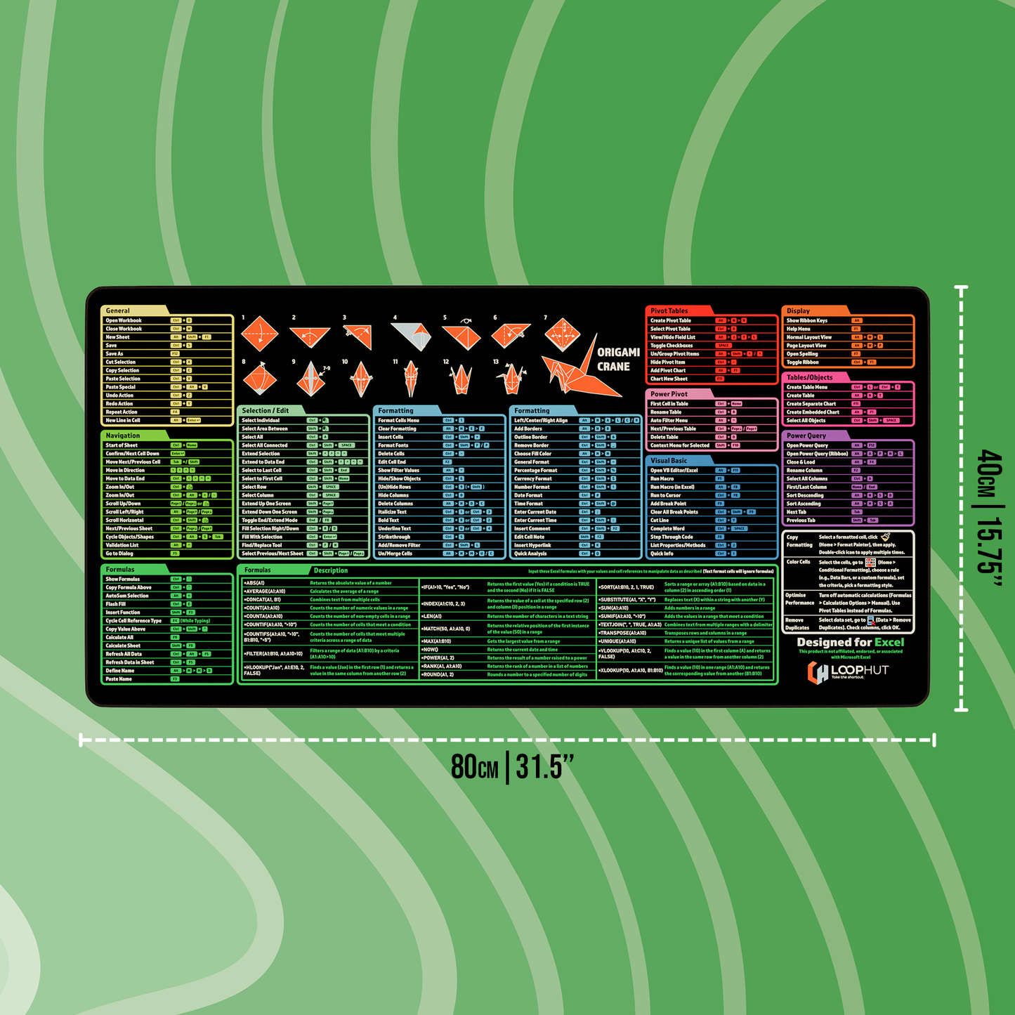 Flat Excel Shortcuts Mousepad displaying large dimensions – 80x40cm (31.5x15.75 inches) – oversized design for full keyboard and mouse coverage