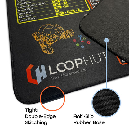 Close-up of Blender Shortcuts Mousepad showing tight double-edge stitching and natural rubber base for durability and comfort