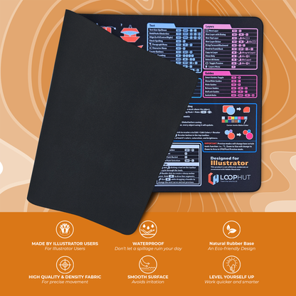 Illustrator Shortcuts Mousepad flipped to display smooth waterproof surface and eco-friendly natural rubber base – high-density fabric designed by Illustrator users for optimal precision and comfort