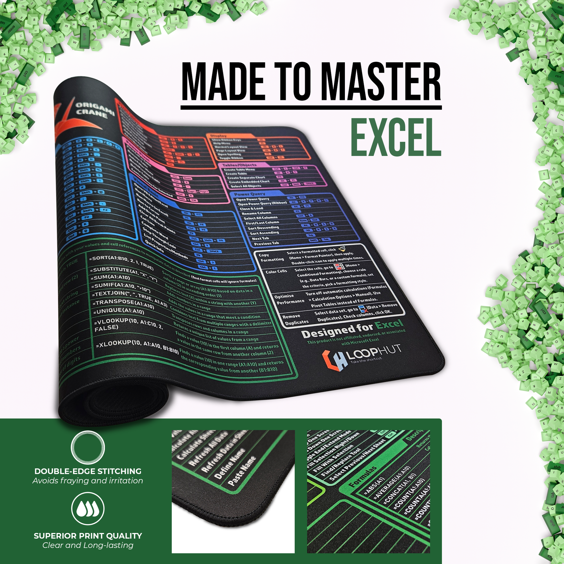 Rolled Excel Shortcuts Mousepad with close-ups showing double-edge stitching to prevent fraying, and superior print clarity for long-lasting Excel shortcut visibility