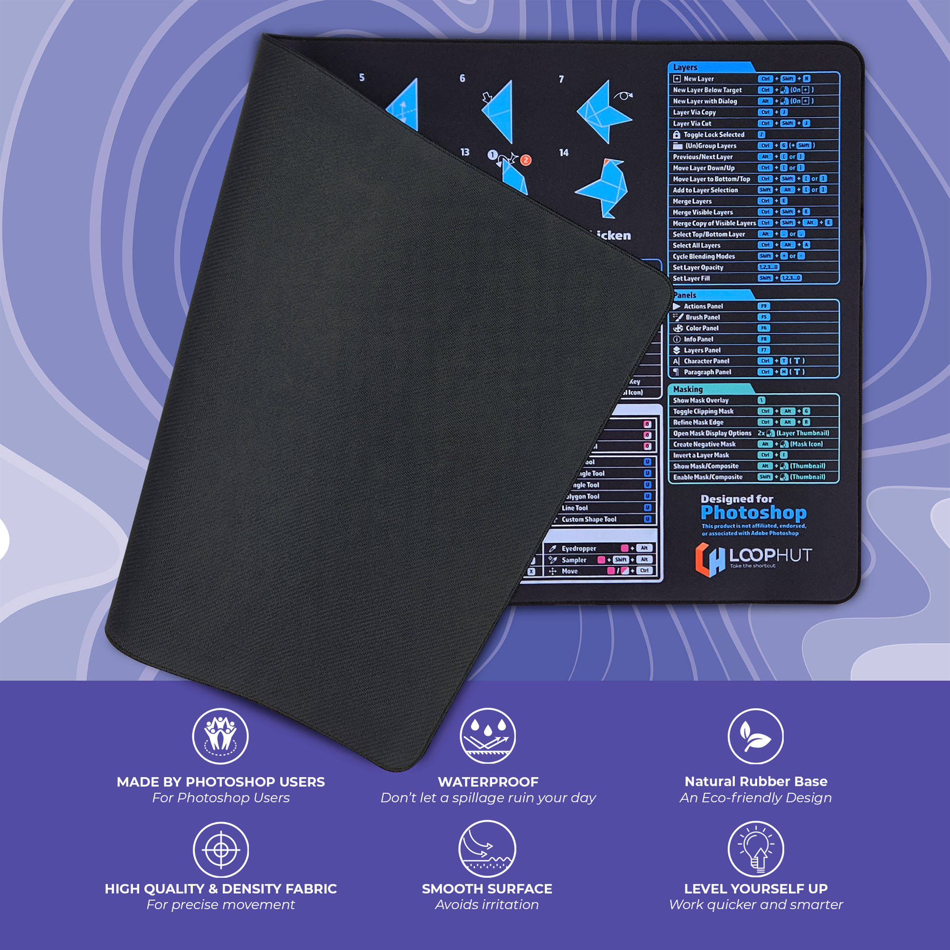 Photoshop Shortcuts Mousepad flipped to show high-density fabric and eco-friendly natural rubber base – waterproof, smooth, and built for precise movement and comfort