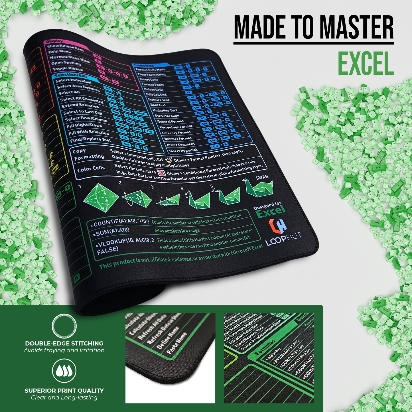 Rolled Excel Shortcuts Mousepad with close-up images of double-edge stitching to prevent fraying and high-resolution shortcut print designed for durability and long-lasting clarity