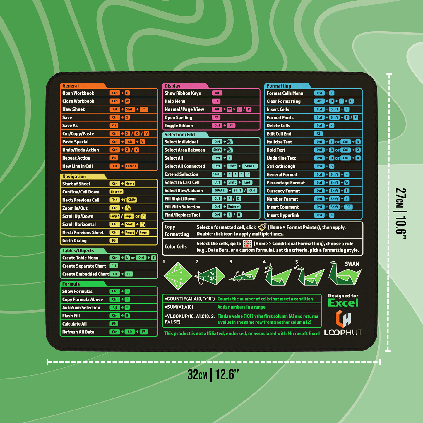 Flat Excel Shortcuts Mousepad with visible dimensions – 32x27cm (12.6x10.6 inches) – a space-efficient design ideal for home offices, students, and professional