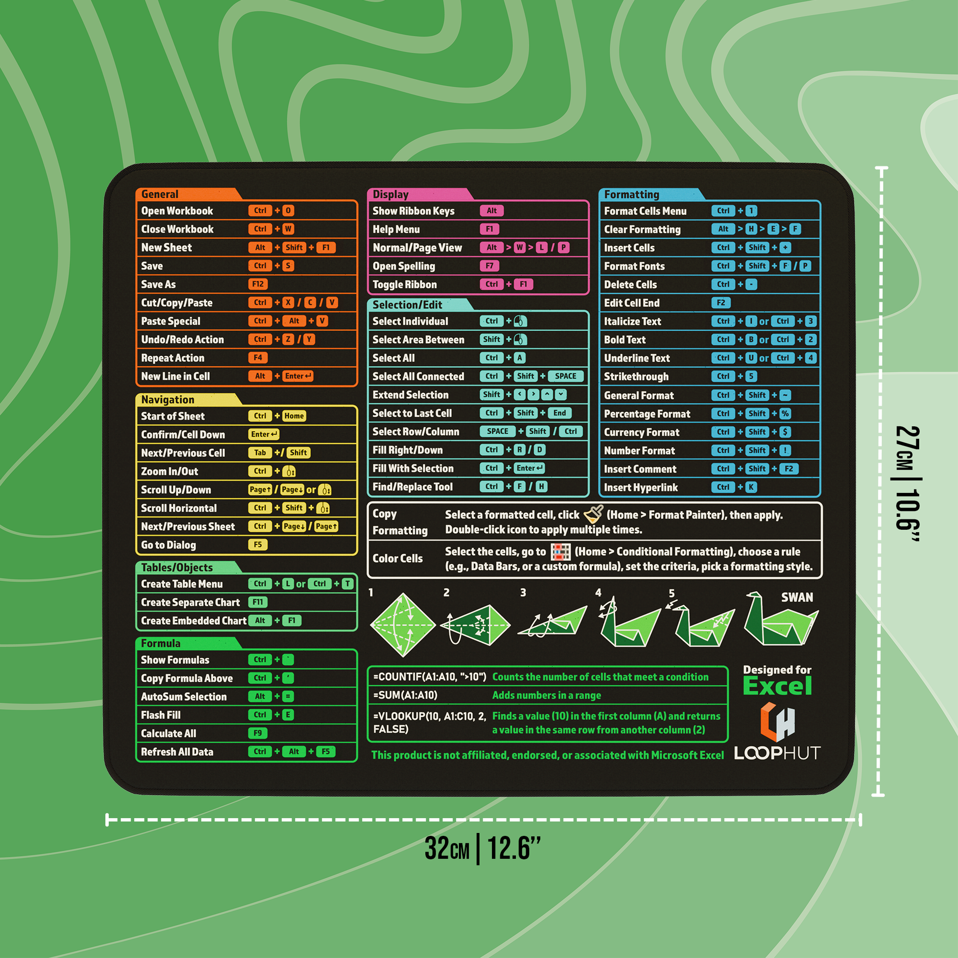 Flat Excel Shortcuts Mousepad with visible dimensions – 32x27cm (12.6x10.6 inches) – a space-efficient design ideal for home offices, students, and professional