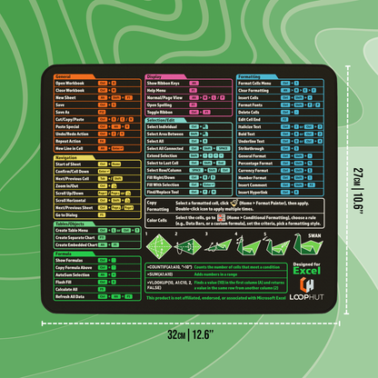 Flat Excel Shortcuts Mousepad with visible dimensions – 32x27cm (12.6x10.6 inches) – a space-efficient design ideal for home offices, students, and professional