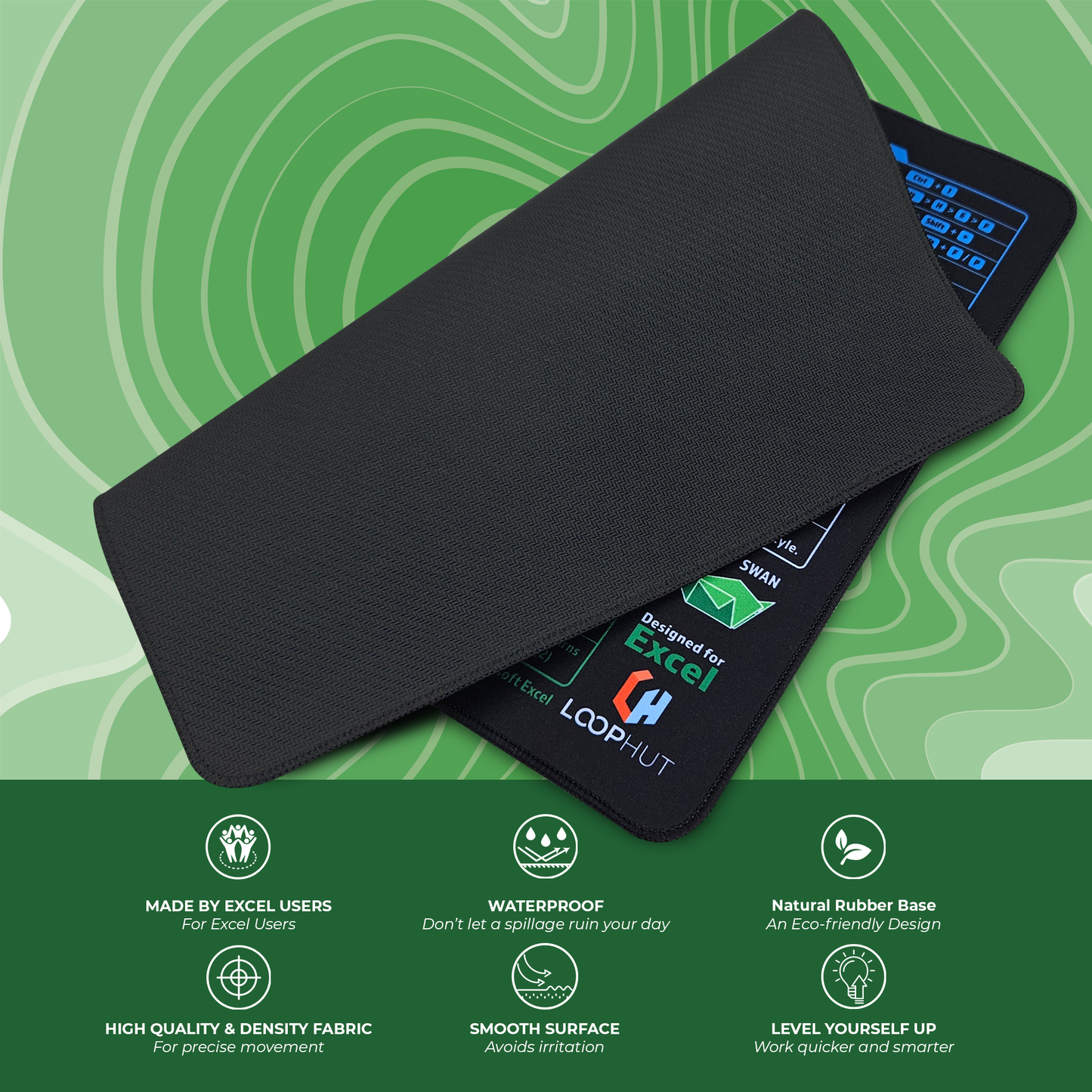 Excel Shortcuts Mousepad flipped to show premium waterproof fabric surface and eco-friendly natural rubber base – made by Excel users for Excel users with smooth texture for irritation-free use and precision mouse movement