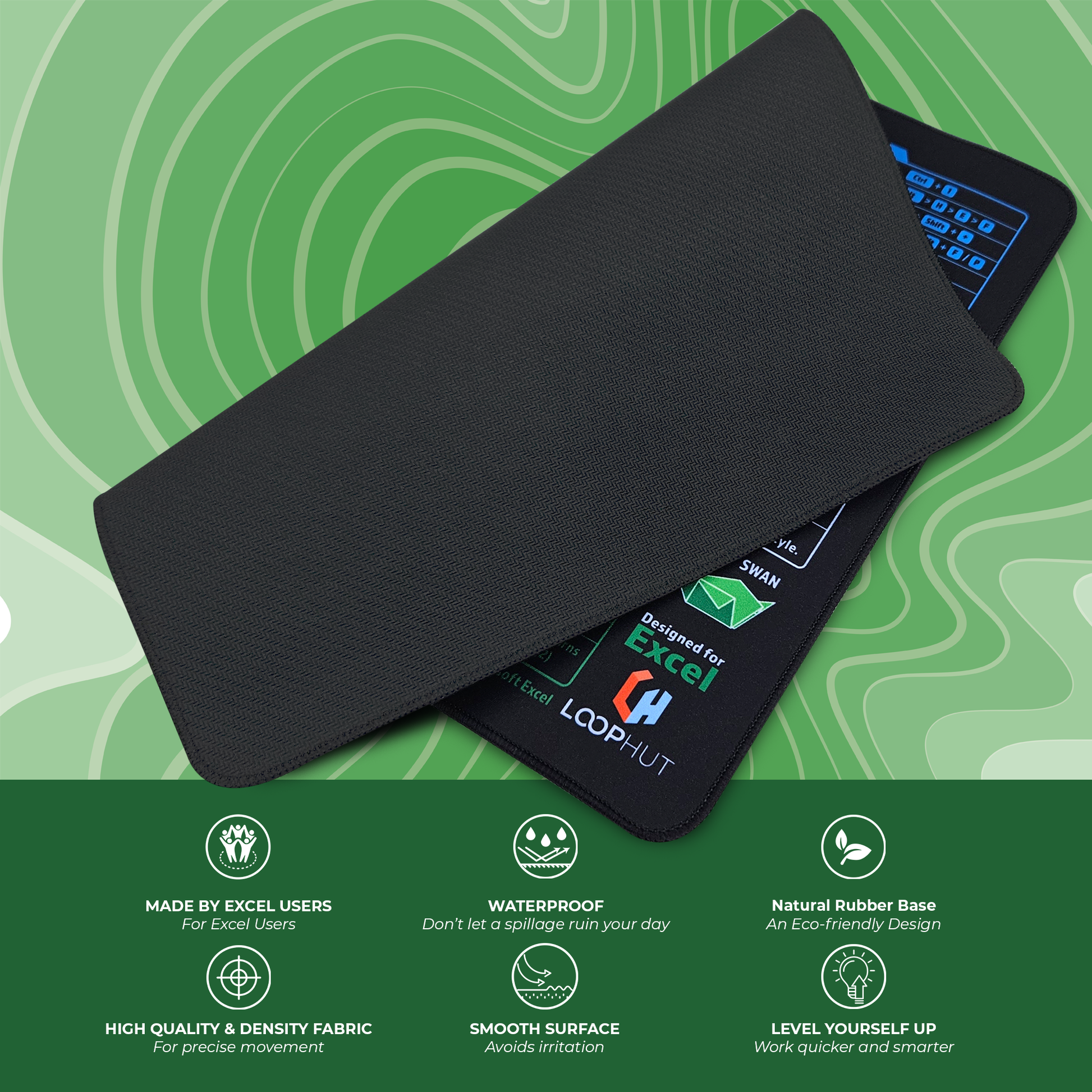 Excel Shortcuts Mousepad flipped to show premium waterproof fabric surface and eco-friendly natural rubber base – made by Excel users for Excel users with smooth texture for irritation-free use and precision mouse movement